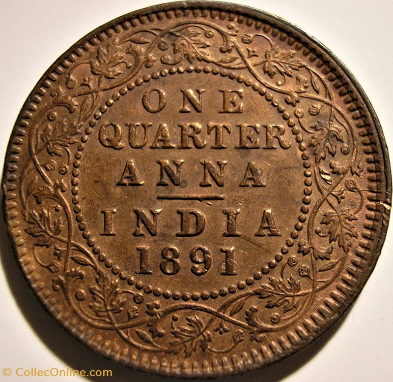 Victoria One Quarter Anna 1891 British India Die Crack Coins