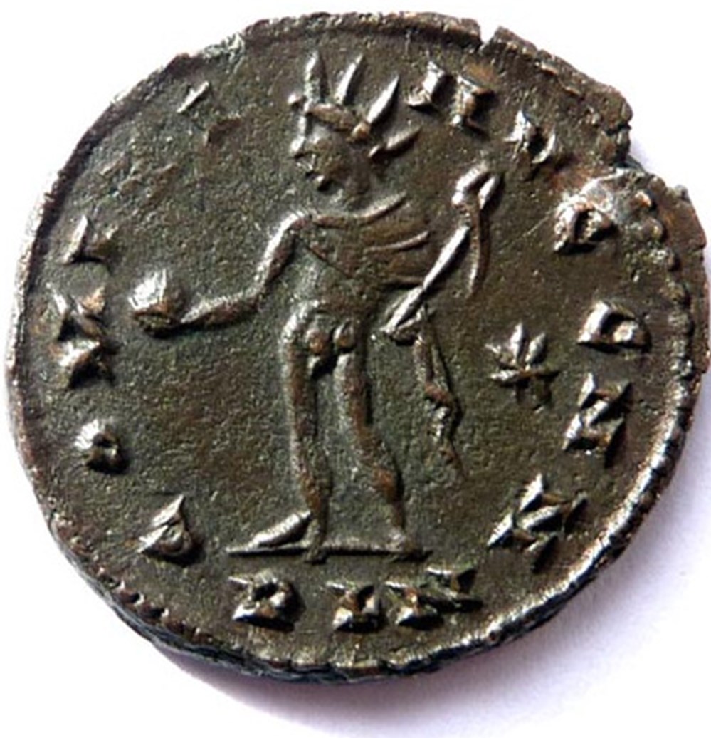 SOLI INVICTO COMITI Monnaies de Londres " En l'honneur de Sol Invincible, guidant notre seigneur l'empereur Constantin." RIC Exemplaires Emission Buste Légende avers Sol Année estimée Poids Théorique / livre romaine 121a 2 T/F PLN...