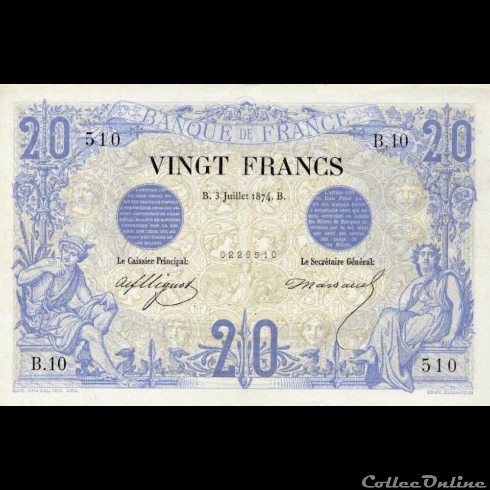 20 francs CHAZAL / DUJARDIN (1874 - 1905) * juillet au * décembre 1874 Alphabets : de 1 à ? (? alphabets) 25 000 billets par alphabet ( ? 000 000 billets imprimés) * dates différentes ...