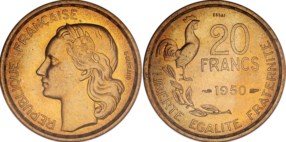 Concours 20 francs 1950 Le concours pour l'émission d'une nouvelle pièce de 20 francs fut publié par un décret du 4 août 1949. Il y eut 5 participants au concours: Guiraud, Guzman, Morlon,...