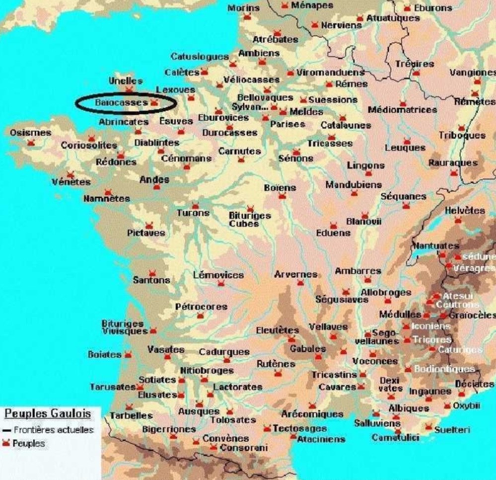 BAÏOCASSES latin : BAÏOCASSES étymologie : combattants victorieux situation : BESSIN en NORMANDIE capitale : BAYEUX ( AUGUSTODURUM ) GAULE CHEVELUE ce peuple n'est pas mentionné dans la guerre des...