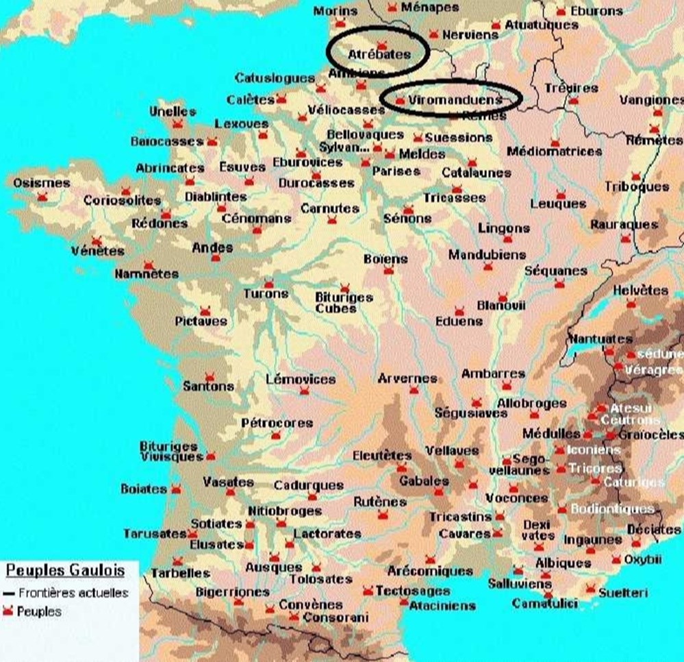 ATREBATES - VIROMANDIENS latin : ATREBATES - Etymologie : ceux qui ont leurs propres demeures - Situation : ARTOIS - Capitale : ARRAS ( NEMETACON ) - COMMIOS chef des ATREBATES aideras...