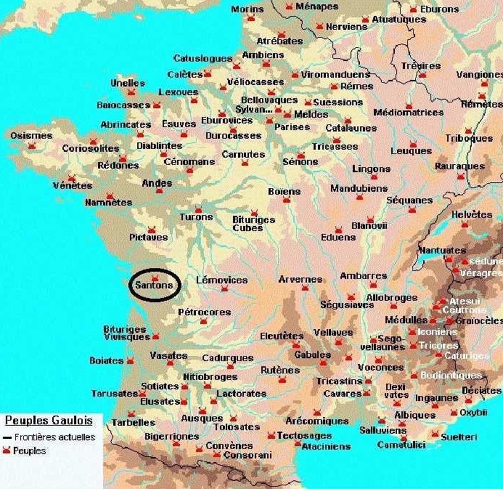 SANTONS latin : SANTONES étymologie : ceux qui cheminent situation : nord de l'estuaire de la GARONNE capitale : SAINTES ( MEDIOLANUM ) GAULE CHEVELUE
