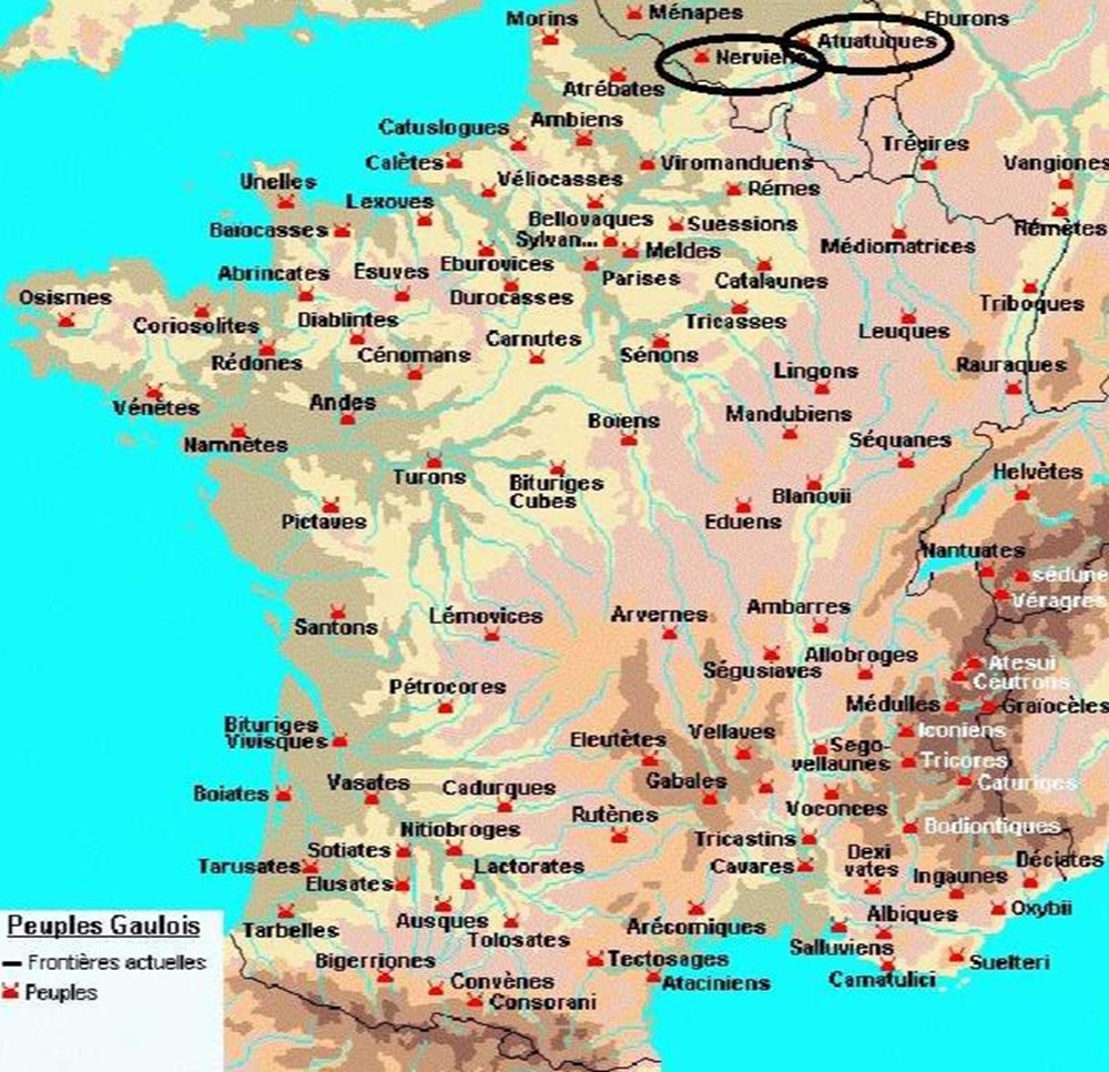 NERVIENS - ATUATUQUES latin : NERVII - Etymologie : originaire d'autre part , frère - Situation : HAINAULT BRAHANT ( BELGIQUE ) - Capitale : BAVAY ( BAGACUM ) - Ils fournirent...
