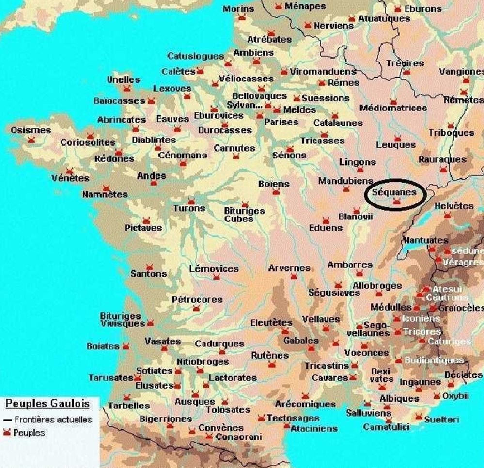  latin : SEQUANI&nbsp; &eacute;tymologie : les rapides&nbsp; situation : FRANCHE-CONTE&nbsp; capitale : BESANCON ( VESONTIO )&nbsp; GAULE CHEVELUE CELTIQUE 
