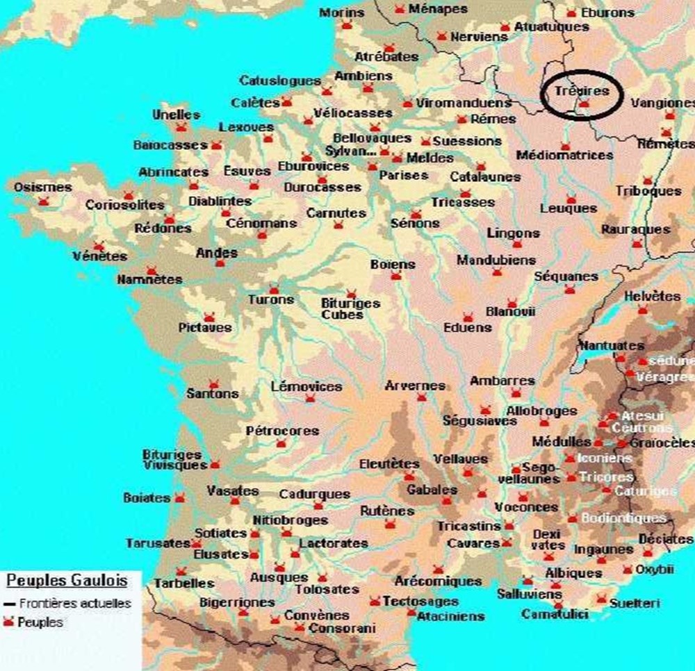 TREVIRES latin : TREVERII étymologie : les passeurs situation : LUXEMBOURG capitale : TREVES ( AUGUSTA TREVERORUM ) GAULE BELGIQUE ils étaient une importante tribu de la GAULE BELGIQUE ,...