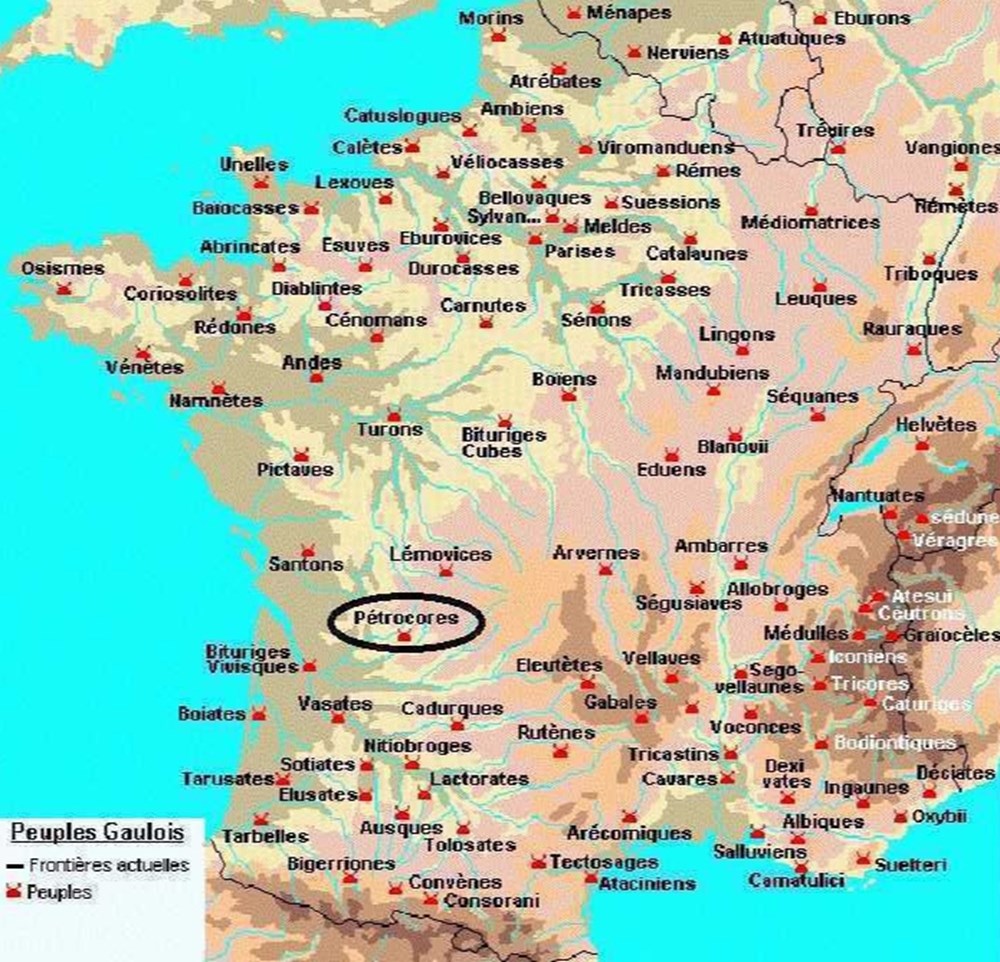 PETROCORES latin : PETROCORII étymologie : ceux aux quatre troupes armées situation : PERIGORD capitale : PERIGUEUX ( VESUNNA ) GAULE CHEVELEUX CELTIQUES 