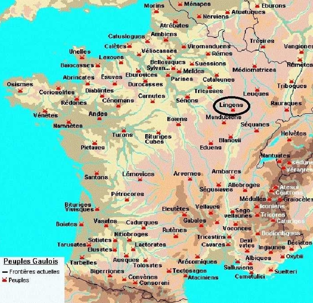 LINGONS latin : LINGONES étymologie : les sauteurs , les bondissants situation : région LANGRES capitale : LANGRES ( ANDEMANTUNNUM ) GAULE CELTIQUE - CHEVELUE 