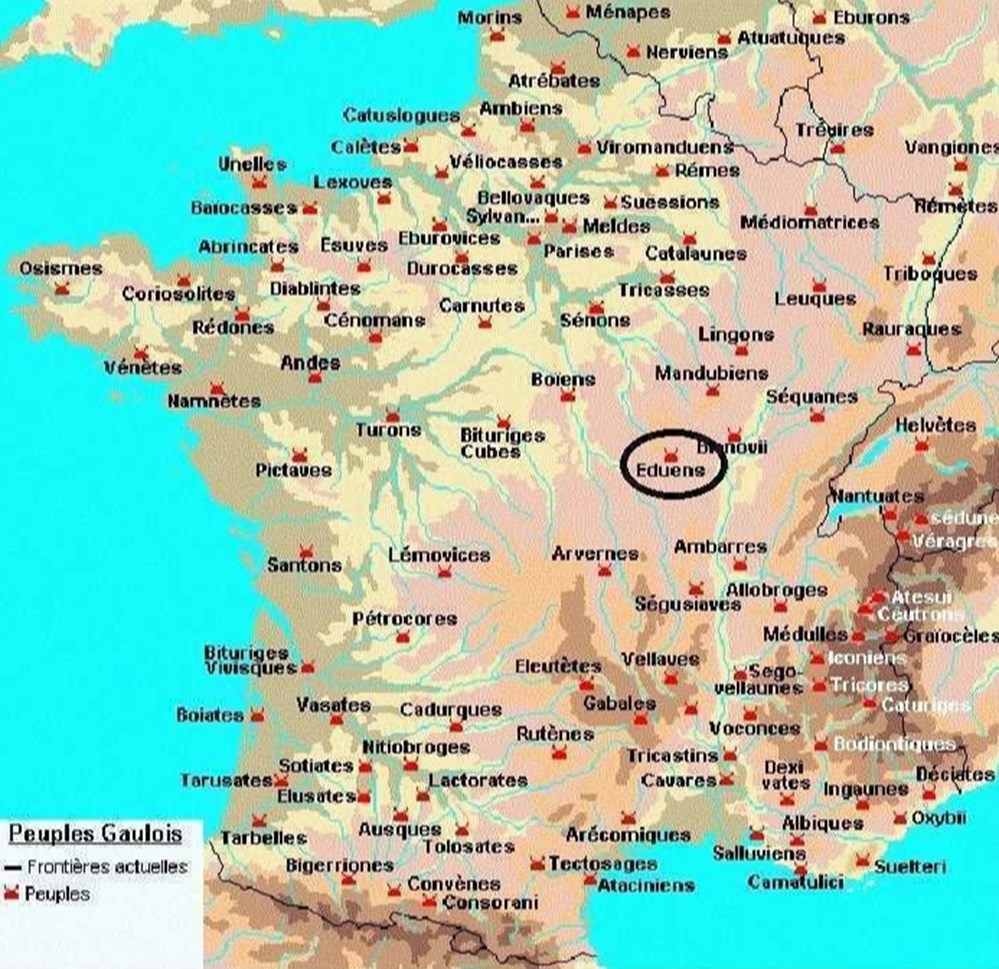EDUENS latin : AEDUI étymologie : les ardents situation : entre SEINE - LOIRE et SAONE capitale : BIBRACTE puis AUTUN ( AUGUSTODUMUM ) GAULE CELTIQUE ou CHEVELUE très puissant...