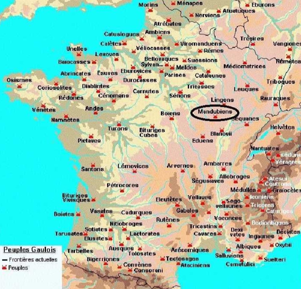 MANDUBIENS latin : MANDUBII étymologie : ceux qui battent le chemin situation : COTE D'OR capitale : ALISE SAINTE REINE ( mont AUXOIS ) GAULE CHEVELUE 