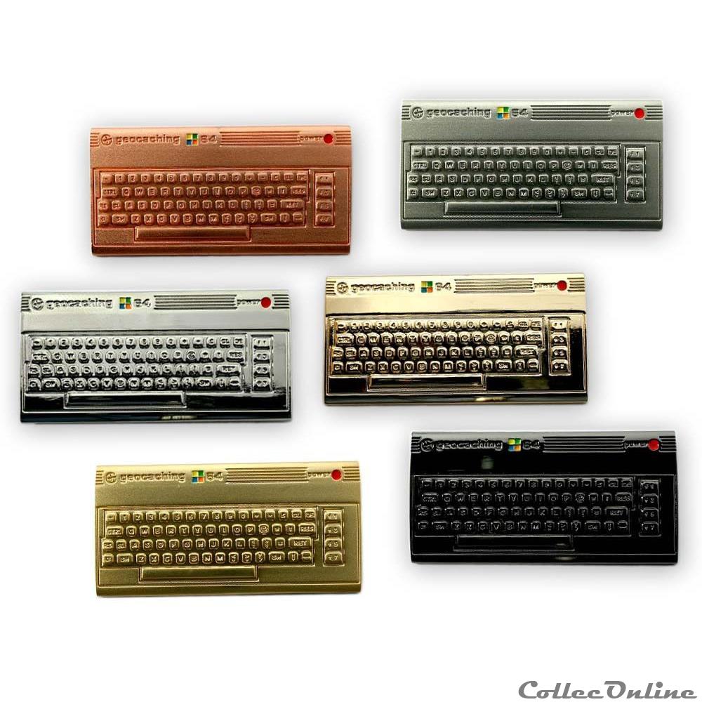 C64 Geocoin - L'ensemble contient les 6 éditions (4 x LE 100, 2 x RE) - traçable sur Geocaching.com - propre icône sur Geocaching.com: Le C64 est l’ordinateur domestique le plus...