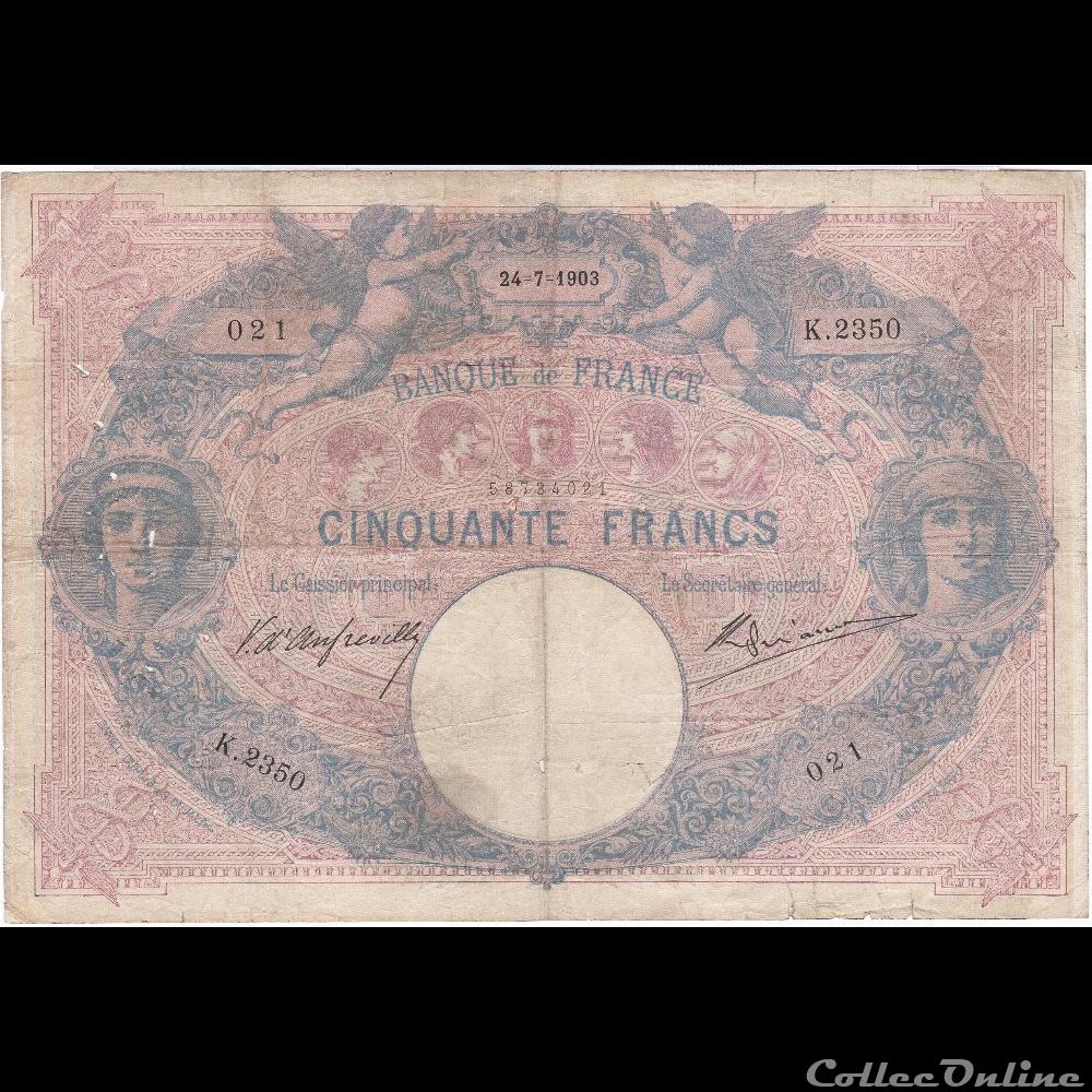 F14 (50 FRANCS BLEU ET ROSE TYPE 1889) Histoire À partir du modèle du 50 francs bleu émis en 1884, les autorités bancaires travaillent sur une impression bicolore, préfiguration des billets polychromes : au bleu s'ajoute une...