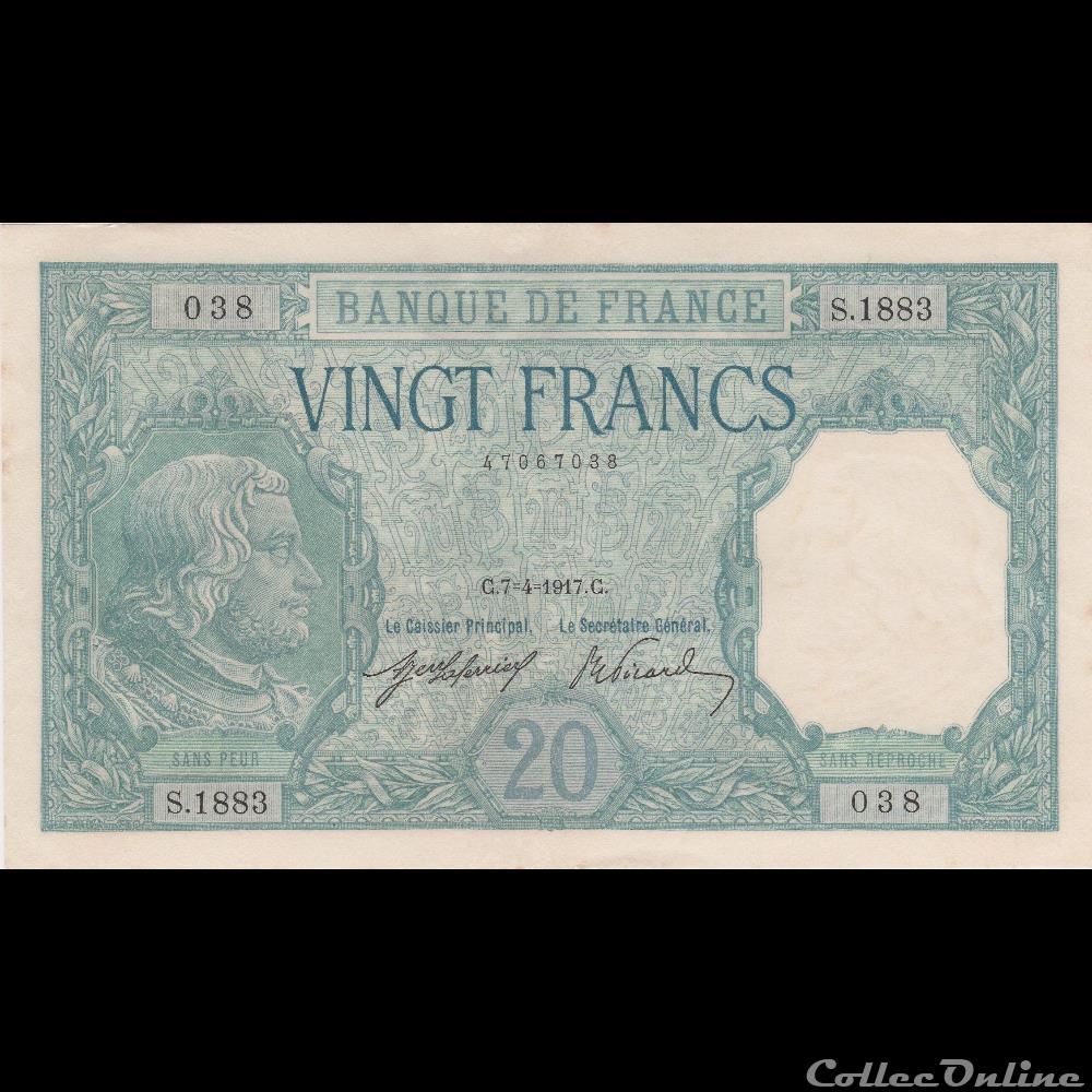 F11 (20 FRANCS BAYARD Type 1916) Histoire Le personnage historique d'abord pressenti fut Sully, le fameux ministre d'Henri IV, mais l'entrée en guerre en août 1914 précipite le choix du Gouvernement vers le Chevalier «...