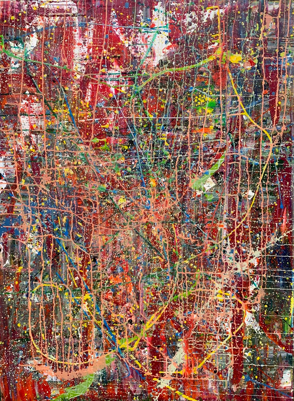 My Art The Cosmic Underground, 48" x 36", Acrylic on Canvas Seker incorporates multiple painting techniques into this celestial representation of a galactic subway system. 