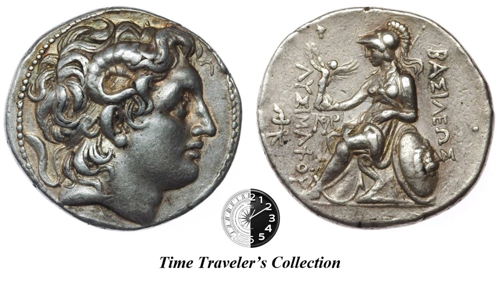 Time Traveler's Collection Kingdom of Thrace. Lysimachos (305-281BC) AR Tetradrachm (17.09 g) Obverse: Diademed head of the deified Alexander right, with horn of Ammon Reverse: Athena Nikephoros seated left, left arm resting...