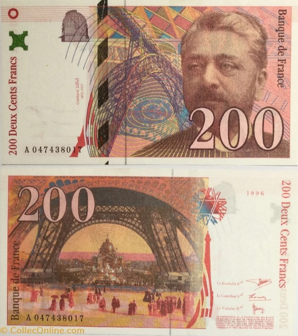 200 Francs EIFFEL FRANCE 1996 F.75.03a 200 Francs EIFFEL FRANCE 1996 F.75.03a Valeur faciale : 200 Francs EIFFEL Date : 1996 Période/Provinces/Banques : Banque de France, XXe siècle Référence ouvrage : F.75.03a Alphabet-Série : A...