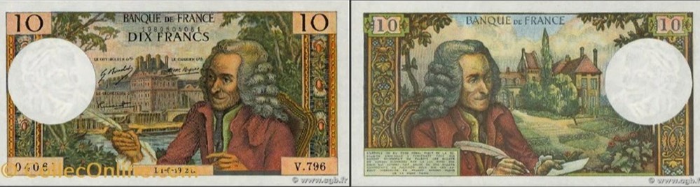 10 Francs VOLTAIRE FRANCE 1969 F.62.37 10 Francs VOLTAIRE FRANCE 1972 F.62.57 Alphabet-Série : V.796 n°04061 SPL Description de l'état de conservation : Pli central F.62 - 10 FRANCS VOLTAIRE Références Banque de France : BDF196301 Format : 80...
