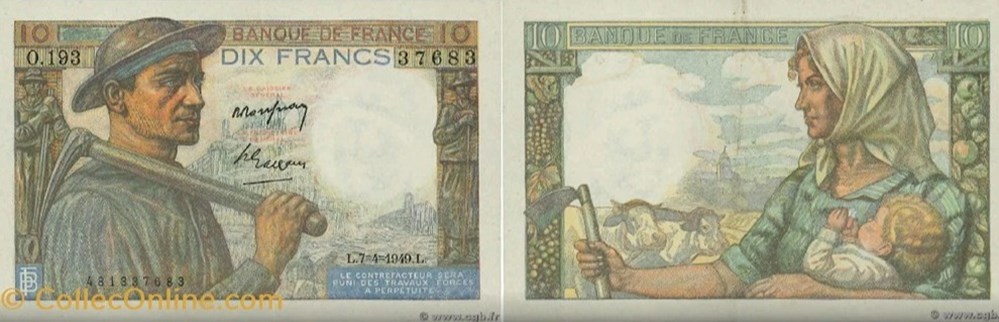 10 Francs MINEUR FRANCE 1949 F.08.21 10 Francs MINEUR FRANCE 1949 F.08.21 F.08 - 10 FRANCS MINEUR Références Banque de France : BDF194101 Format : 75 x 118 mm Création/mise en circulation : 11 septembre 1943 Emission : ...