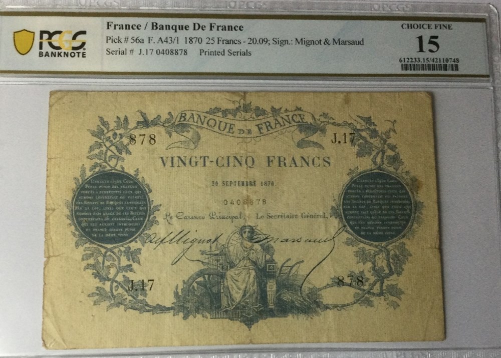  25 Francs 1870 PARIS FRANCE 1870&nbsp; &nbsp; Valeur faciale :&nbsp; 25 Francs type 1870 Paris Date :&nbsp; 20 septembre 1870 P&eacute;riode/Provinces/Banques :&nbsp; Banque de France, XIXe si&egrave;cle R&eacute;f&eacute;rence ouvrage...