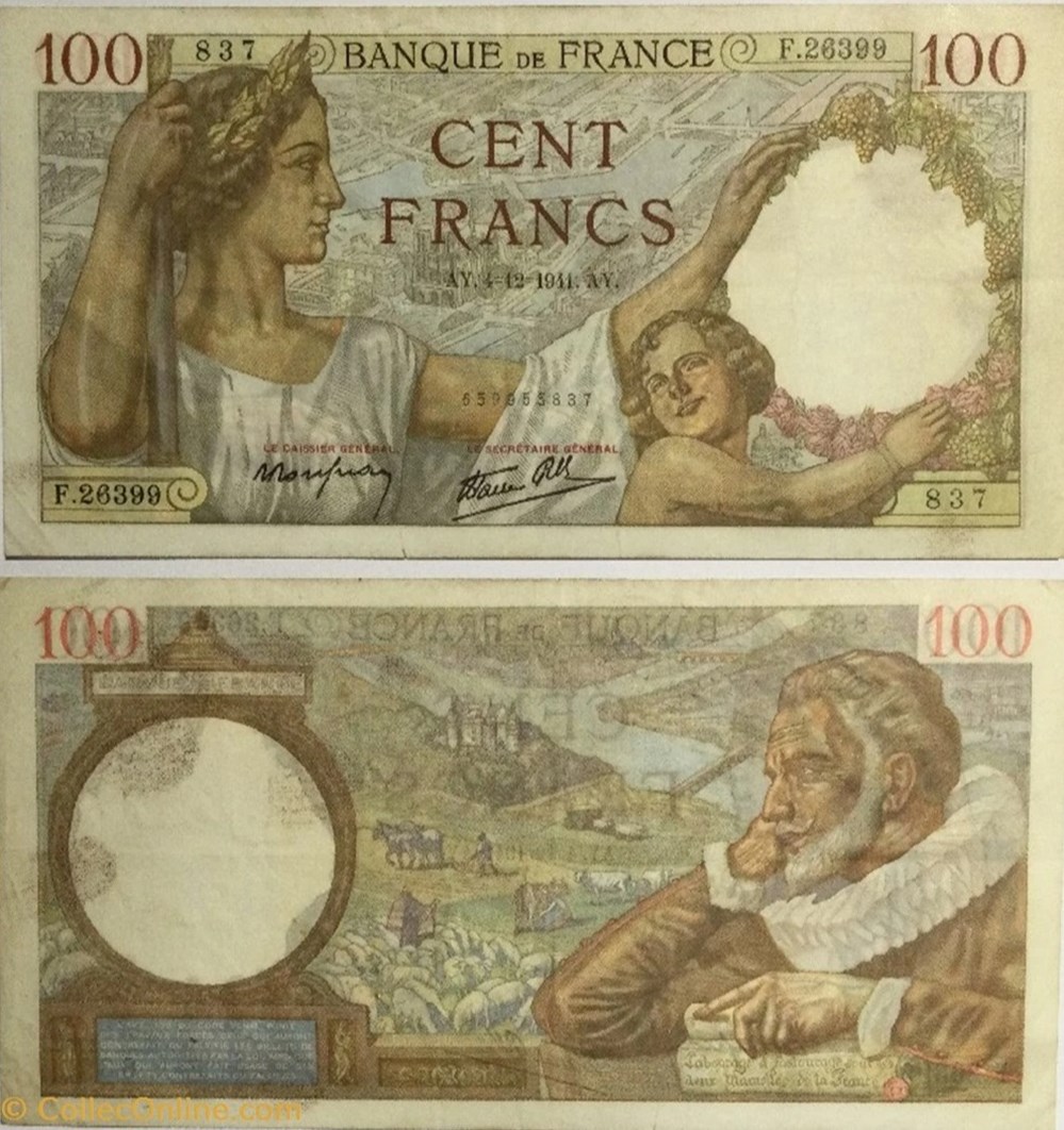 100 Francs SULLY FRANCE 1941 F.26.62 100 Francs SULLY FRANCE 1941 F.26.62 Valeur faciale : 100 Francs SULLY Date : 04 décembre 1941 Période/Provinces/Banques : Banque de France, XXe siècle Référence ouvrage : F.26.62...