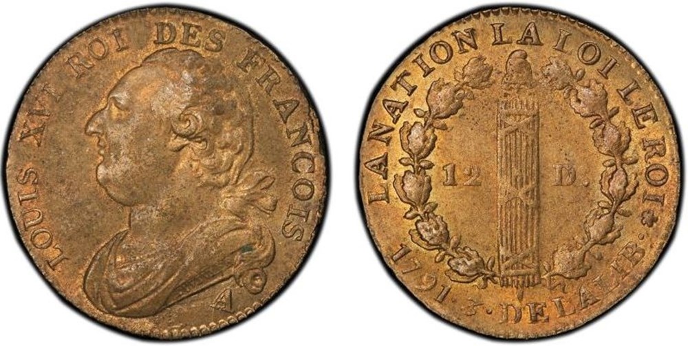 12 denier dit au faisceau Louis XVI 1791 A en biais grad&eacute; PCGS MS 63 