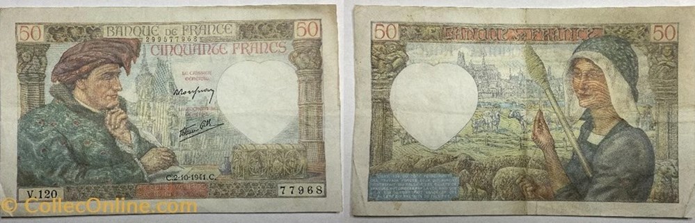 50 francs jacques cœur 2/10/1941 alphabet 120 lettre V unique 50 francs jacques cœur 2/10/1941 alphabet 120 lettre V unique F.19/15 - 50 FRANCS JACQUES CŒUR Format : 90 x 145 mm Création/mise en circulation : 02 octobre 1941...