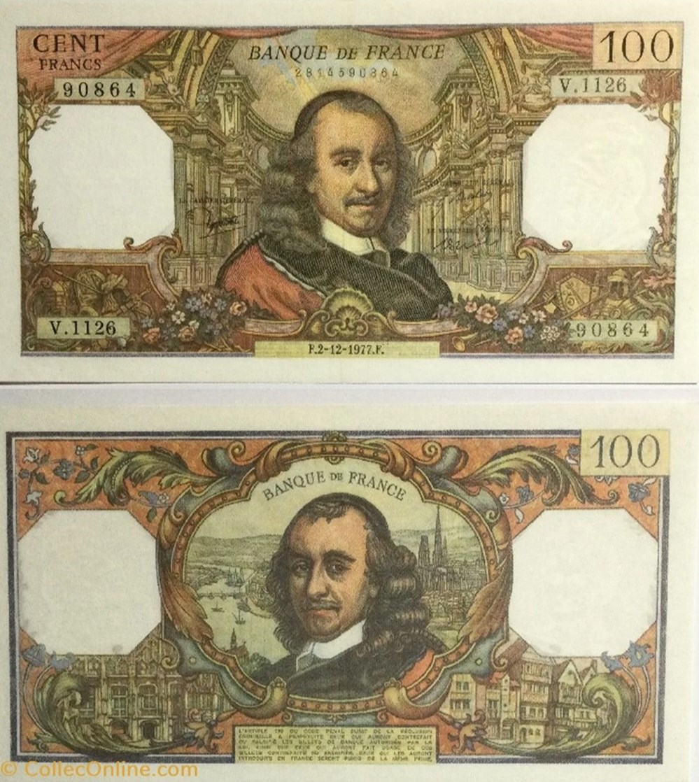 100 Francs CORNEILLE FRANCE 1977 F.65.60 100 Francs CORNEILLE FRANCE 1977 F.65.60 Valeur faciale : 100 Francs CORNEILLE Date : 02 décembre 1977 Période/Provinces/Banques : Banque de France, XXe siècle Référence ouvrage : F.65.60 Alphabet-Série...
