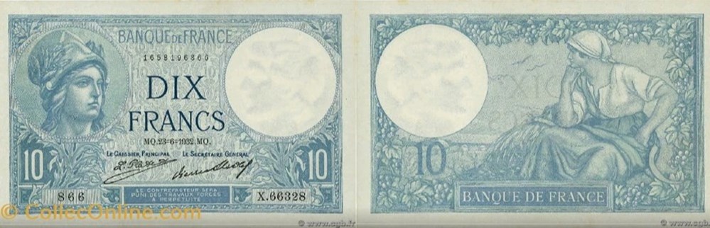 10 Francs MINERVE FRANCE 1918 F.06.03 F.06 - 10 FRANCS MINERVE Références Banque de France : BDF191502 - BDF191801 - BDF192601 - BDF192801 - BDF193601 Format : 88 x 138 mm Création/mise en circulation : 22 mai 1916...
