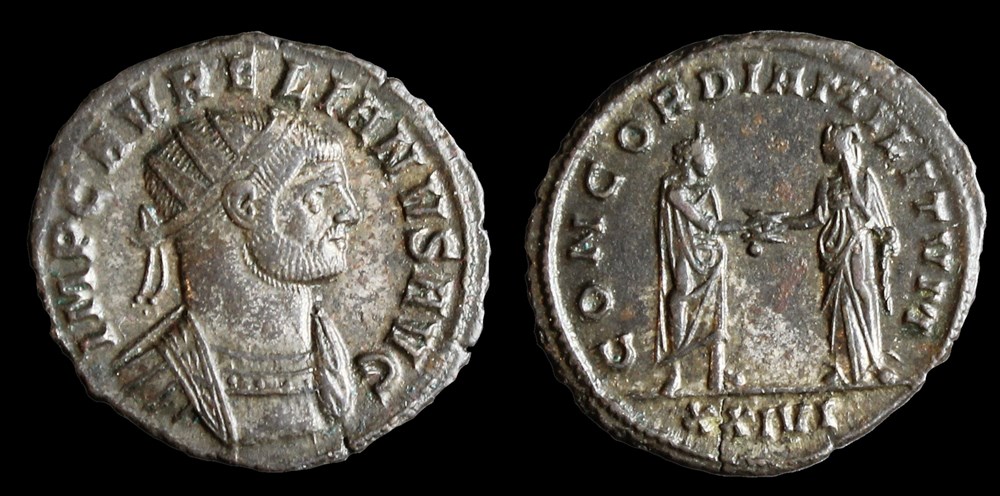 Monnaies d'aurélien Aurélien ( Empereur de sept 270 à sept 275 ) A/ IMP C AVRELIANVS AVG ( buste à droite, radié, cuirassé ) R/ CONCORDIA MILITVM / XXIVI (L'empereur en...