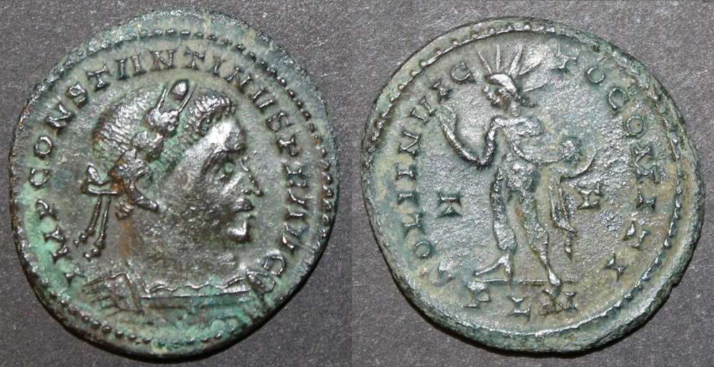  Constantin I ( C&eacute;sar 306-310 ) (Empereur 310- mai 337) A/ IMP CONSTANTINVS P F AVG ( Buste &agrave; droite, laur&eacute; et cuirass&eacute;) R/ SOLI INVIC-TO COMITI/ T- F...