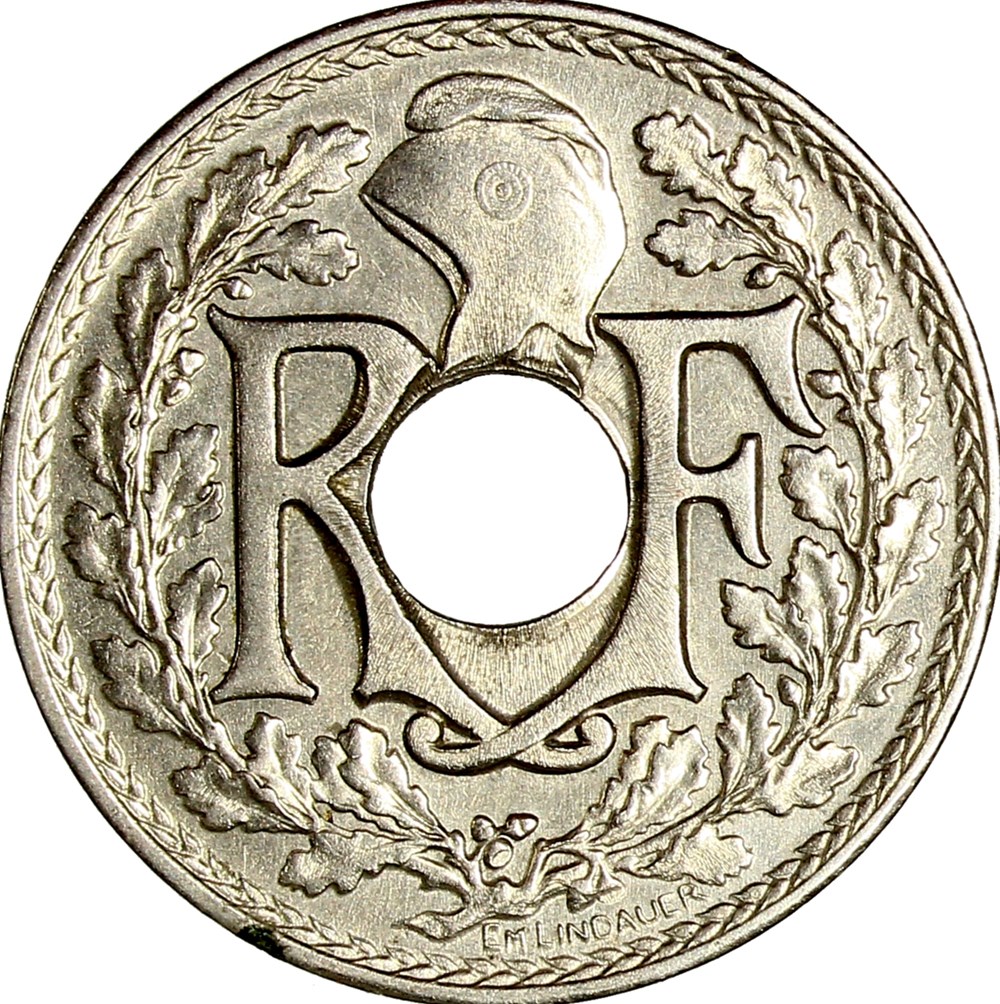 Modernes françaises 1915-1944 Retrouvez ici quelques unes de mes monnaies françaises modernes 1915-1944. IIIe République (types continuant sous l'Etat Français) : 5 cts Lindauer petit module : 1922 - éclair ( 14/141...