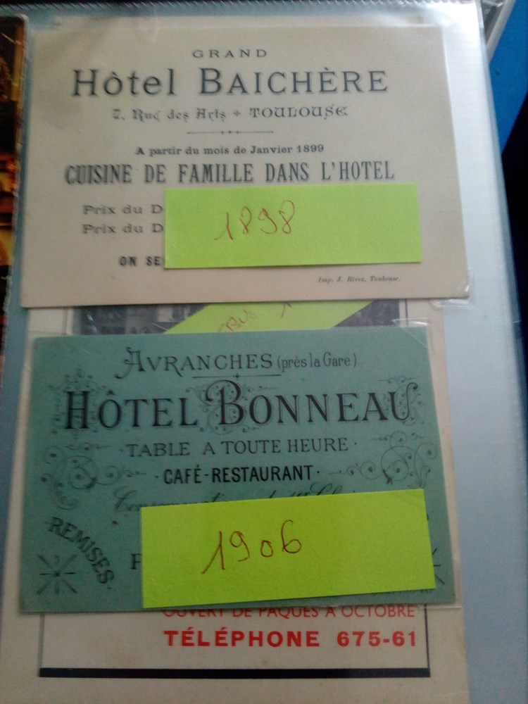 2 tres a ancienne et tres jolie carte de restaurants h&ocirc;tel 
