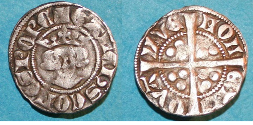 esterlin de gaucher de chatillon + GALCHS COMES PORC, Buste couronné (couronne trifoliée) de face de Gaucher de Châtillon. MON-ET N-OVA - Y (MOLETTE) VE. Description revers : Croix coupant la légende, cantonnée...