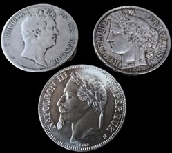 écus de 5 fr Français du XIX ème siècle.