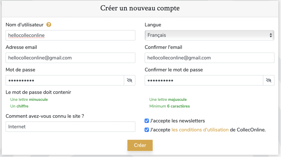 Créer un nouveau compte et choisir un nom d'utilisateur