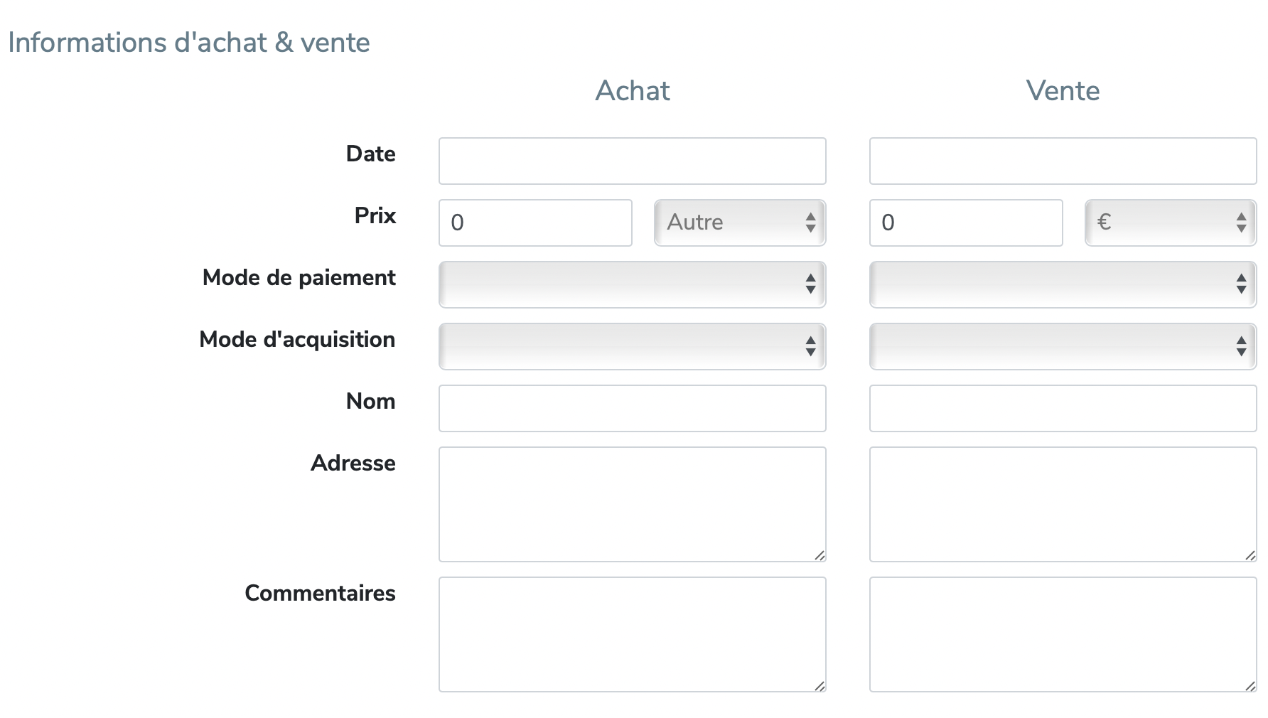 Formulaire d'achat et de vente