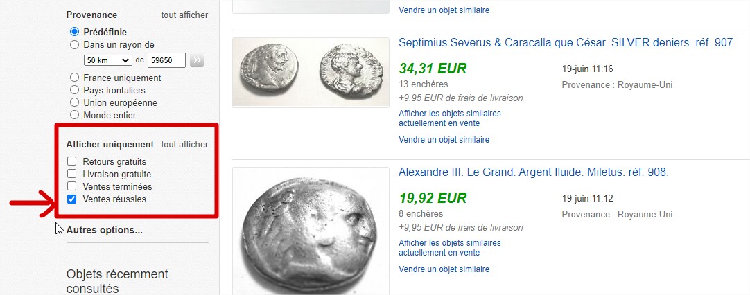 Estimation de monnaies de collection grâce aux filtres des ventes réussies sur Ebay.