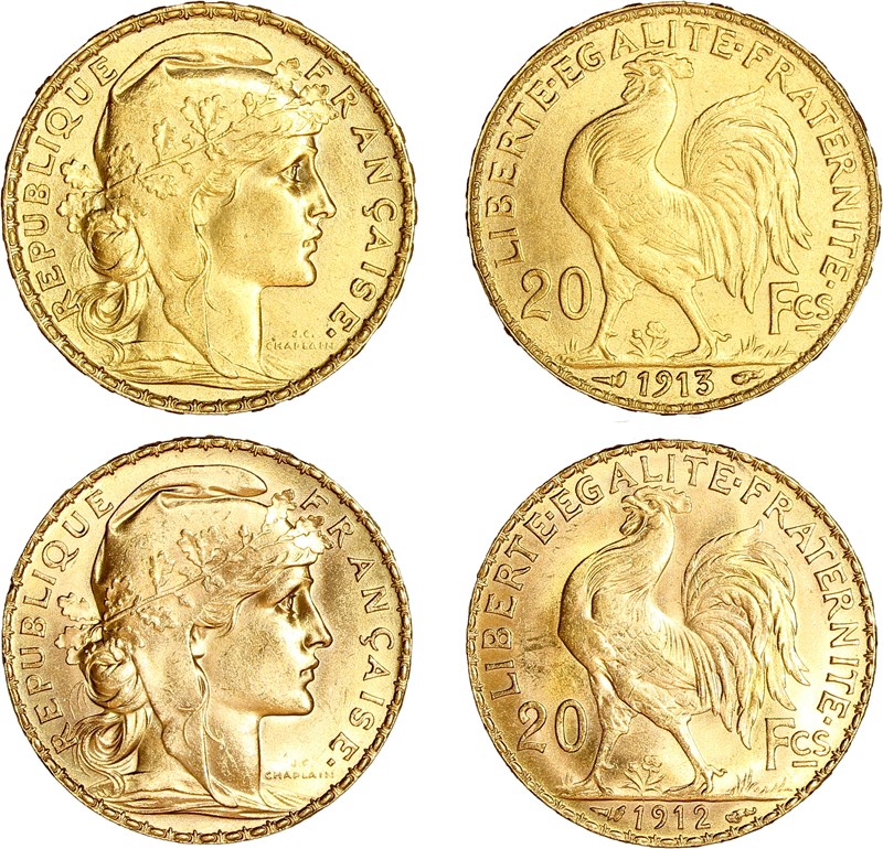 Deux 20 francs Coq, originelle en haut, Pinay en bas